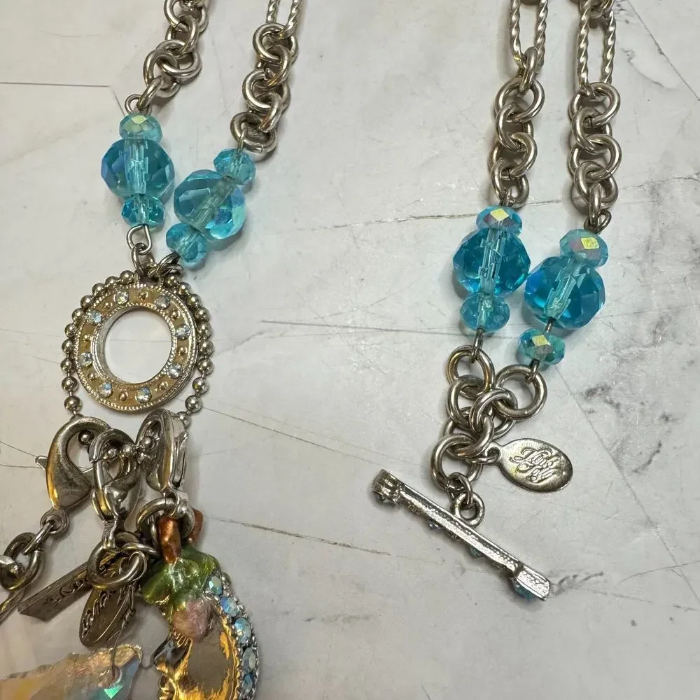 Kirks Folly Necklace I Remember You By Heart Silver Tone Locket Charms Blue Bead